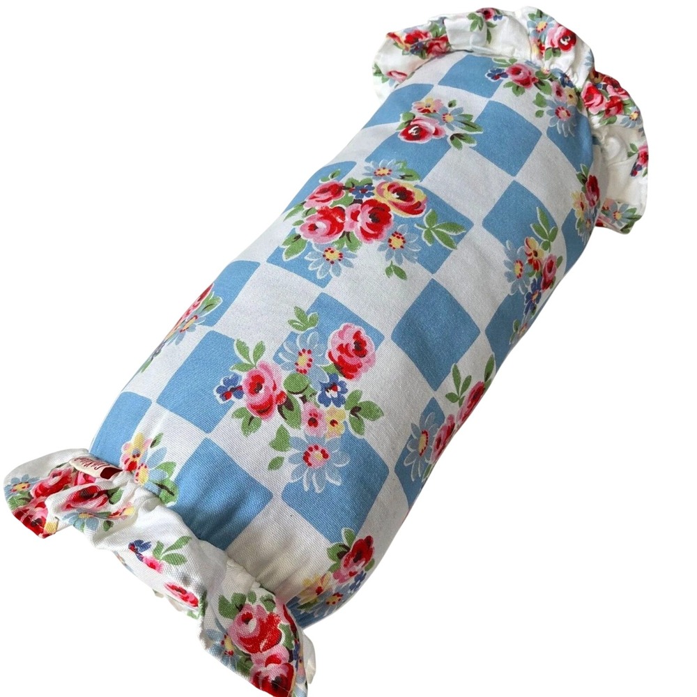 Cath Kidston London Blue Gingham Rose Floral Ruffle Bolster Pillow Cottagecore